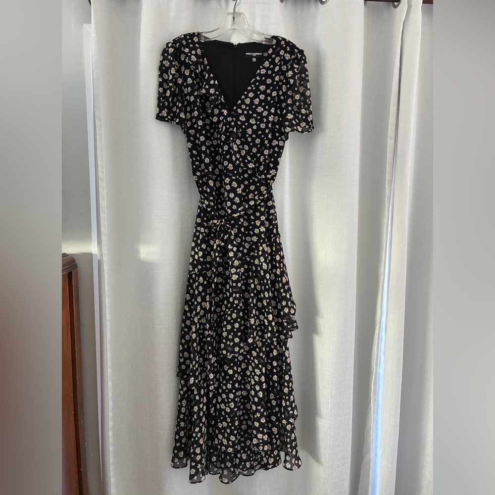 Karl Lagerfeld Black Maxi Wrap Dress with Cream Floral Print
